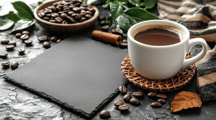 Aromatic Coffee Cup with Roasted Beans and Slate Background