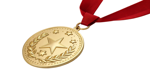 Golden Medal with Red Ribbon: A close-up view of a gleaming gold medal with a red ribbon, capturing the essence of triumph and accomplishment.