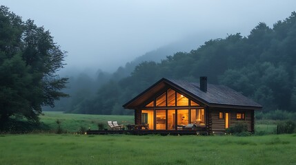 Fototapeta premium Cozy Cabin in Lush Green Landscape, A cozy wooden cabin with glowing lights sits in a lush green landscape under a cloudy sky