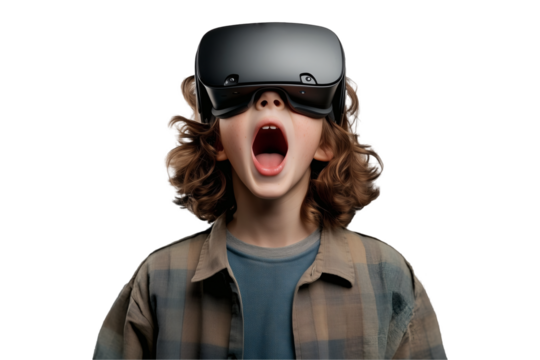Surprised Child Experiencing Virtual Reality with Intense Focus on transparent background