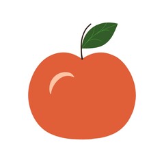 A flat digital illustration of an orange apple with a green leaf and brown stem, placed on a plain white background.