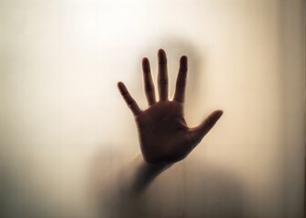 A hand reaching out, obscured by frosted glass, evokes a sense of mystery.