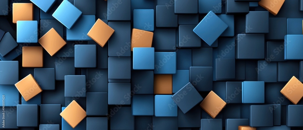 Poster minimalist and futuristic digital artwork featuring a floating grid of black squares with a soft, lu