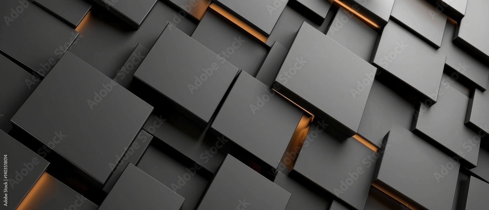 Poster a visually striking abstract image featuring a repeating pattern of sleek, black geometric tiles arr