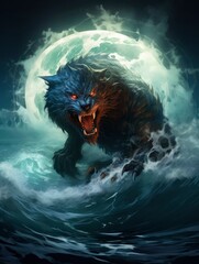Ferocious Werewolf Emerging from the Ocean Under a Full Moon