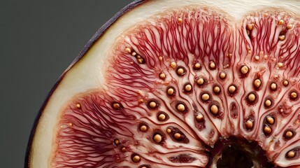 Close Up of a Fig Slice Red and Purple Interior with Seeds