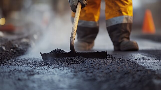 Paving worker spreading hot asphalt with a rake. Featuring smoothness and control