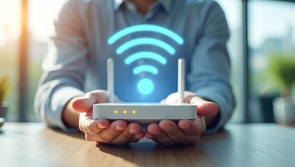 in the palms of a businessman's hands, a Wi-Fi router in close-up, in the office