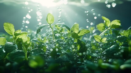 Vibrant Green Sprouts Emerging from Water, Backlit by Bright Light