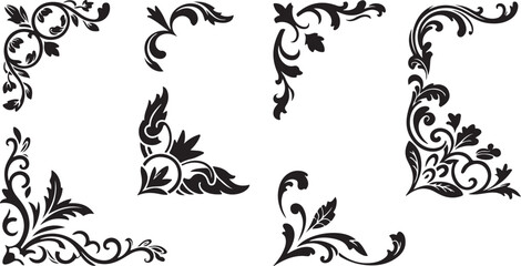 Set of vintage floral corner ornaments. Elegant baroque frame decorations in black vector for invitations, borders, design, and decor art