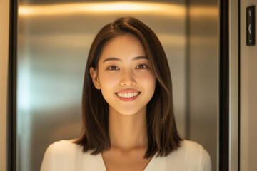 A cheerful young woman smiling confidently in a modern environment, capturing positivity and approachability.