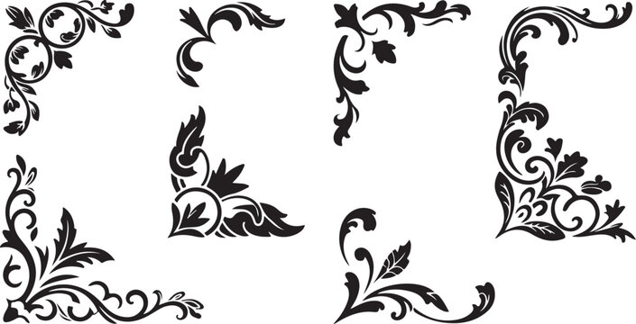 Set of vintage floral corner ornaments. Elegant baroque frame decorations in black vector for invitations, borders, design, and decor art