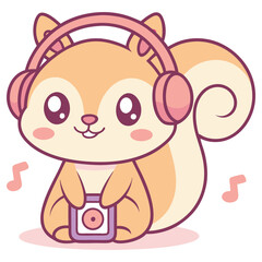 Cheerful Squirrel with Headphones Listening to Music on Player Isolated on White