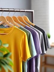 Obraz premium Colorful T-shirts Hanging on a Rack in Soft Natural Light