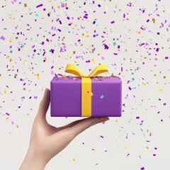 Hand holding a purple gift box with yellow ribbon, surrounded by colorful confetti