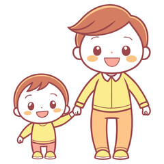 Smiling Cartoon Dad and Son Holding Hands with Transparent Background