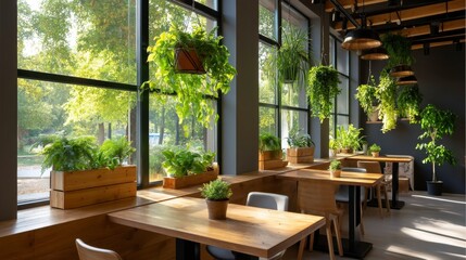 Biophilic Cafe Interior with Hanging Plants and Natural Light