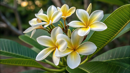 Obraz premium Plumeria Flower with Yellow Center and White Petals