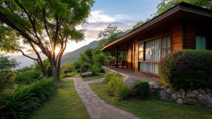 Eco-Friendly Wooden Cabin in a Natural Resort Setting at Sunset