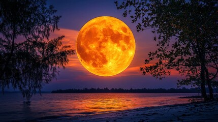 Enormous Orange Moon Rising Over Serene Lake at Sunset