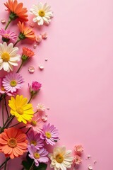 Vibrant assortment of flowers on soft pink backdrop, perfect for spring-themed designs, floral, design