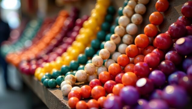 Vibrant assortment of multicolored beads on display at market stall, jewelry, vibrant