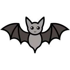 A charming, cartoon bat with big eyes, spreads its wings in a playful flight, showcasing a cute and friendly design with bold outlines and grayscale tones.