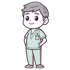 Cartoon Man In Mint Scrubs Standing With Hands Pockets, Isolated On White