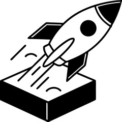 A rocket launching into the sky, symbolizing a bold new beginning and exciting adventure, with a simple black and white illustration style.