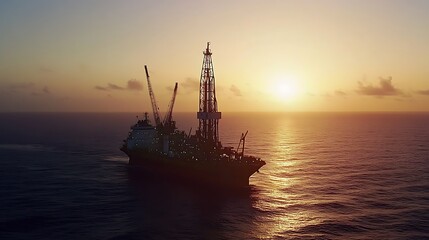 Fototapeta premium Offshore oil drilling rig silhouette against a dramatic ocean sunrise providing energy industry.