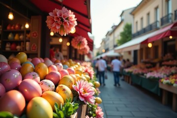 Vibrant Easter market stalls with decorated eggs and spring flowers, market, holiday