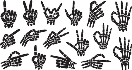 Naklejka premium Skeleton hand gesture vector set black spooky bone hands in rock, peace, point, OK signs, Halloween gothic skull style clipart