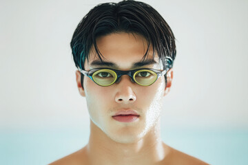 Fototapeta premium A focused athlete prepares for a swim, wearing sleek goggles. The image captures determination and readiness in a serene environment.