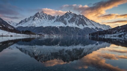 Obraz premium Mount Mont Blanc covered in the snow reflecting on the water in the evening in Chamonix,
