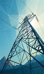 Abstract geometric view of a high-voltage transmission tower with intersecting lines against a bright sky. (Abstract)