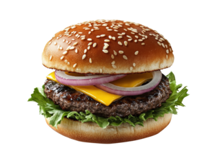 Delicious hamburger topped with cheese, fresh onions, and crisp lettuce served on a bun ready for a tasty meal experience isolated on a white background.