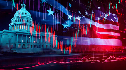 Us capitol with flag and stock chart symbolizes national debt and economic challenges.