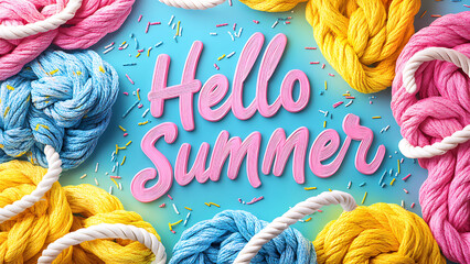 Colorful image with the text "Hello Summer," ,The background is vibrant with splashes of color and textured yarn in pink, yellow, and blue.