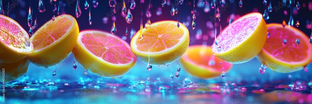 Poster slices of lemon cascading from glowing neon clouds create a vibrant and fresh citrus experience in a