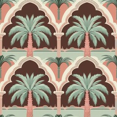 A repeating pattern featuring palm trees and decorative arches on a light background, Ai generated