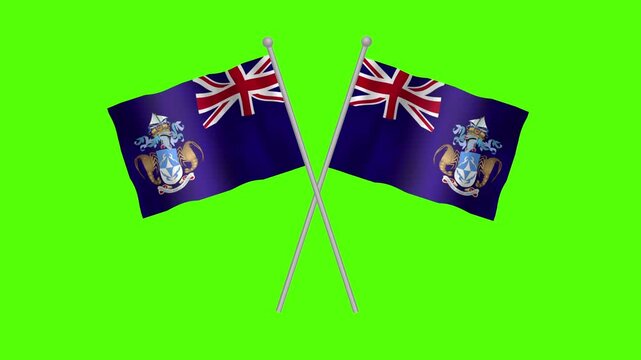 Flag of Trinstan da Cunha, Cross table flag of Trinstan da Cunha on Green screen chroma key, Trinstan da Cunha 3D Animation flag waving in the wind isolated on Green Background. 
