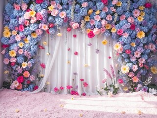 colorful dreamy blue pink yellow pastel flowers on the wall background backdrop with white curtain for wedding family birthday party maternity photo shoot wallpaper