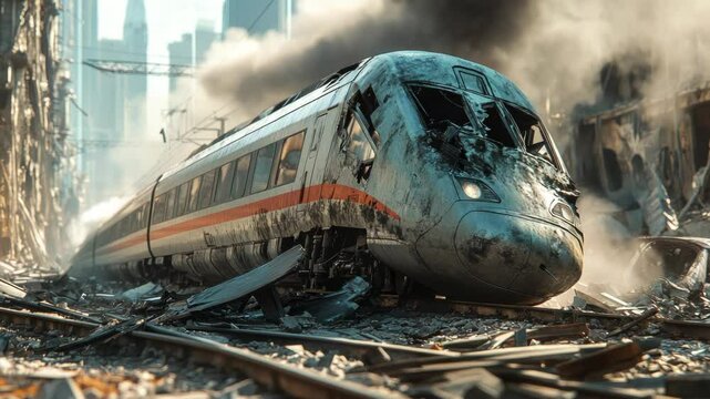 High-speed train derailing with a massive explosion flames, creating a dramatic scene of destruction, danger,chaos. Conceptual image symbolizing disaster, emergency,cinematic action.