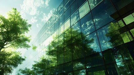 Exemplifying the ESG - Environmental, Social, Governance concept, a corporate glass building facade reflects green trees. Importance of integrating sustainability into business practice. Generative AI