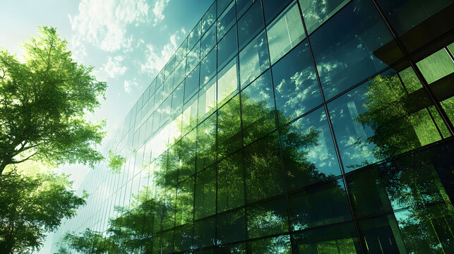 Exemplifying the ESG - Environmental, Social, Governance concept, a corporate glass building facade reflects green trees. Importance of integrating sustainability into business practice. Generative AI
