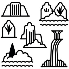 Naklejka premium Collection of Simple Black and White Waterfall and Geothermal Icons