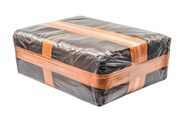 Suspicious package sealed with orange tape plastic wrap dark contents isolated black background
