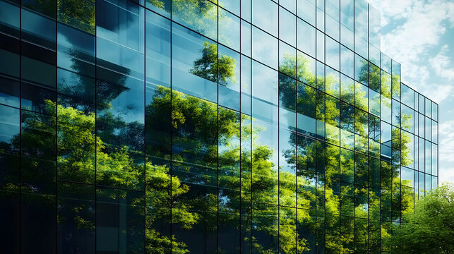 Fototapeta Exemplifying the ESG - Environmental, Social, Governance concept, a corporate glass building facade reflects green trees. Importance of integrating sustainability into business practice. Generative AI