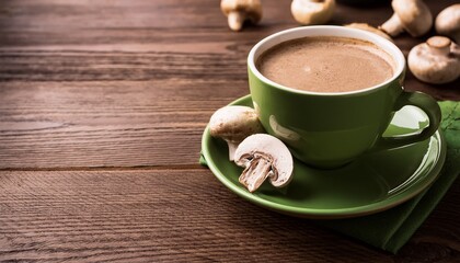 Obraz premium mushroom coffee in green cup on wooden background new superfood trendy healthy concept with copy space selective focus