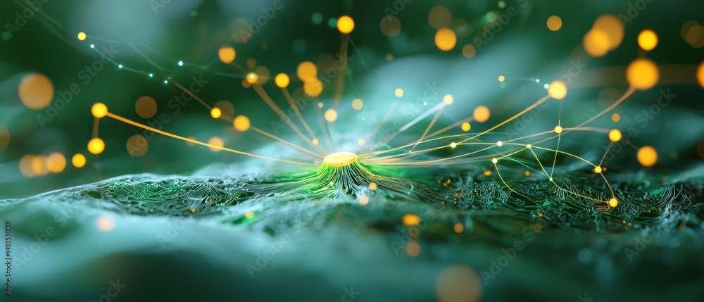 Poster a digital cityscape with a futuristic network of glowing, pulsating nodes interconnecting the urban 